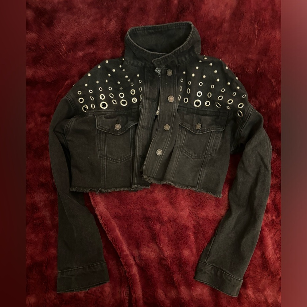 Cropped black studded grommet denim jacket